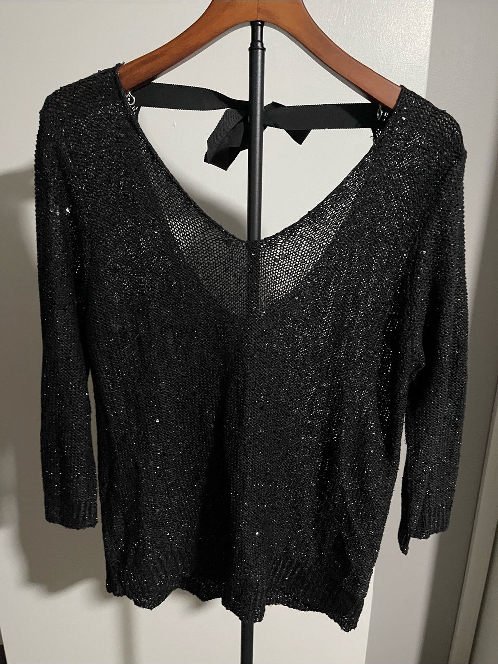 Black Sequin V-Neck Women's Knit Top